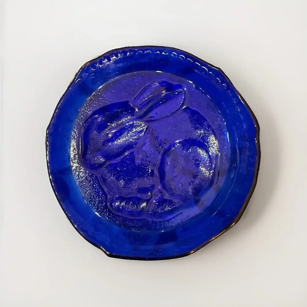 Vintage Cobalt Blue Glass Rabbit Bunny Dish Plate Pressed Glass 4.5”